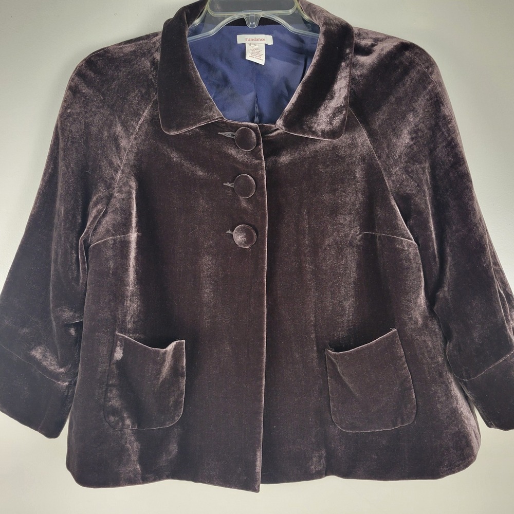 Sundance Womens Small Brown Silk Blend Velvet Swing Jacket 3/4 Sleeve RN 106205‎